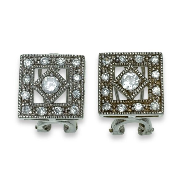 Vintage Sterling Silver 925 Square Milgrain Cut Out Clear Crystal Earrings - Picture 1 of 5